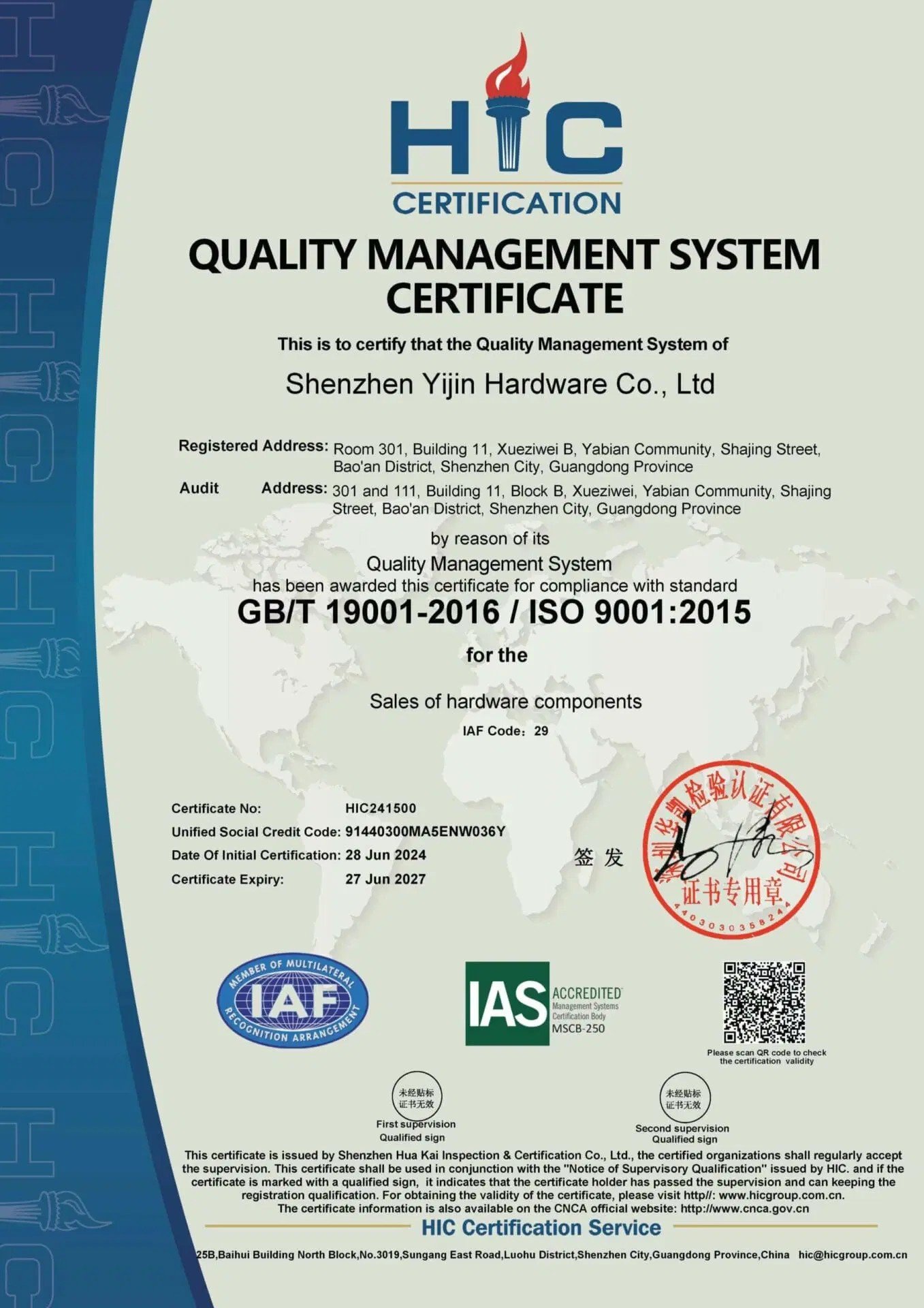 ISO 9001:2015 certificate for Shenzhen Yijin Hardware Co., Ltd.